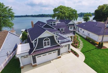 Aerial view of large lake house in Michigan