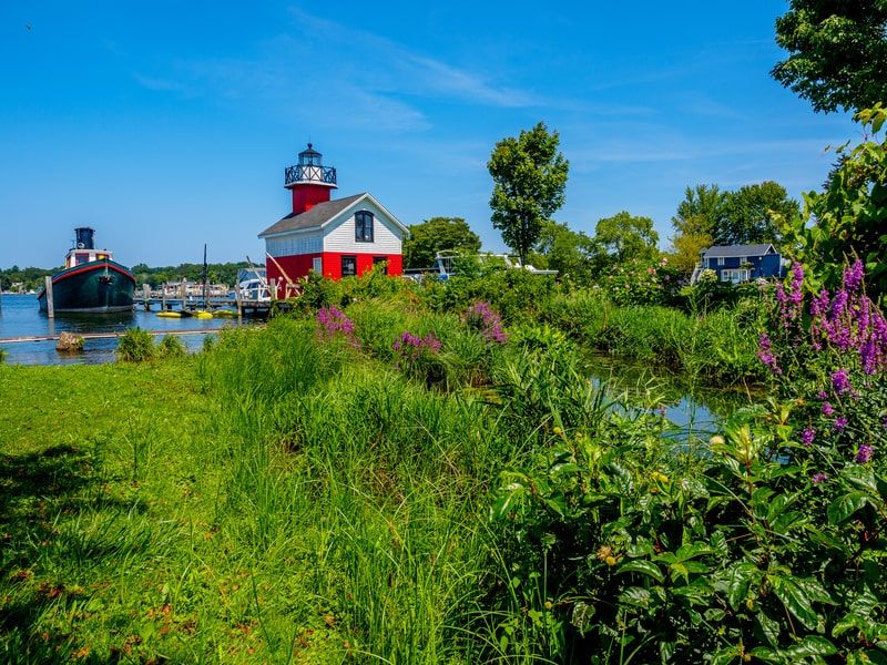 Douglas Lighthouse during summertime, located on Kalamazoo Lake